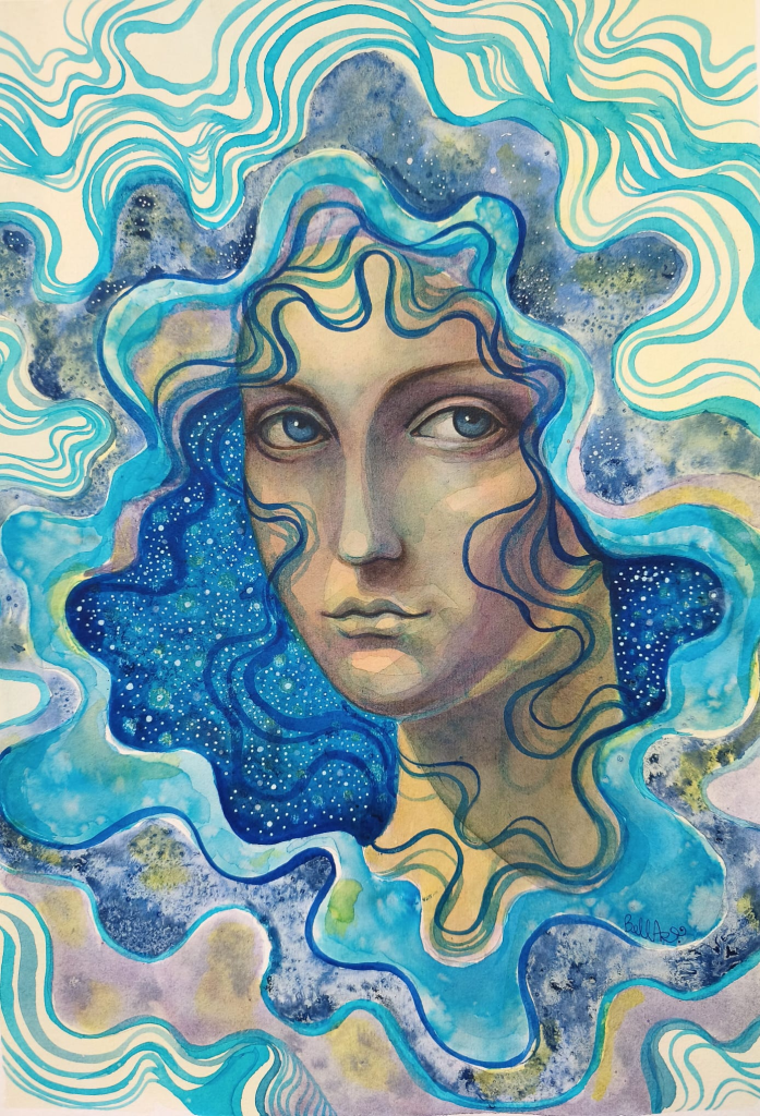 She carries the night, mixed media artwork on paper by Bella Antonova