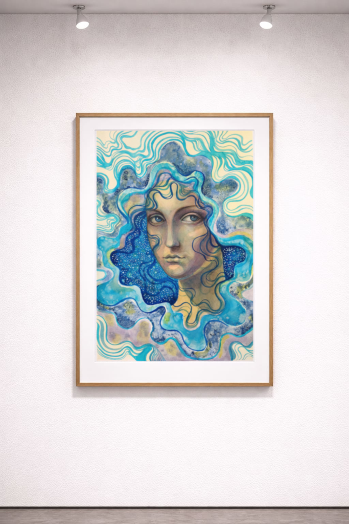 Framed mockup of She carries the night by Bella Antonova on a neutral wall