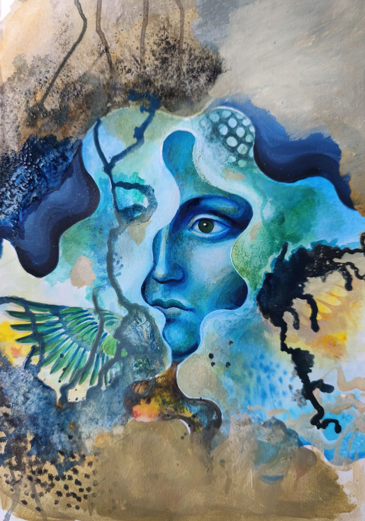 Still becoming is an original mixed media artwork on paper by Bella Antonova. 42 × 29.7 cm, 2025. Available from the artist’s studio.