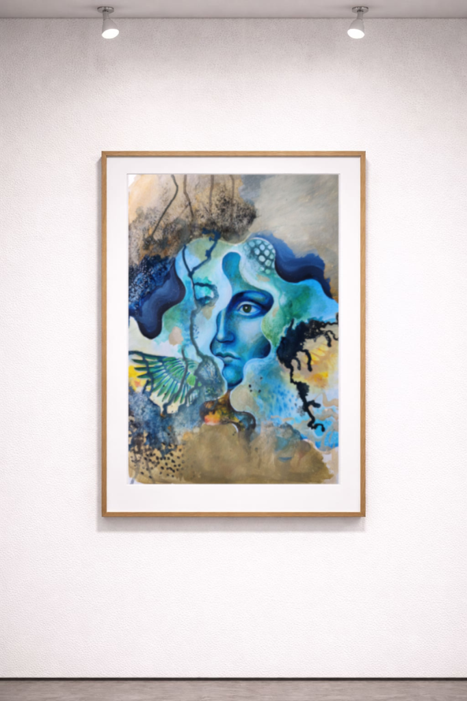 Framed mockup of Still becoming by Bella Antonova on a neutral wall