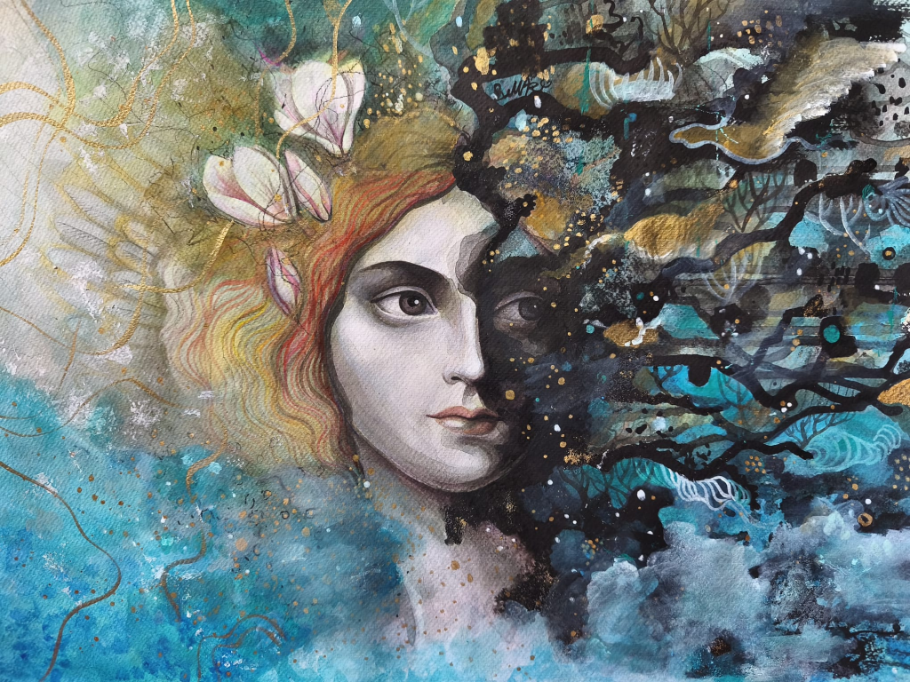 What was and what comes, mixed media artwork on paper by Bella Antonova