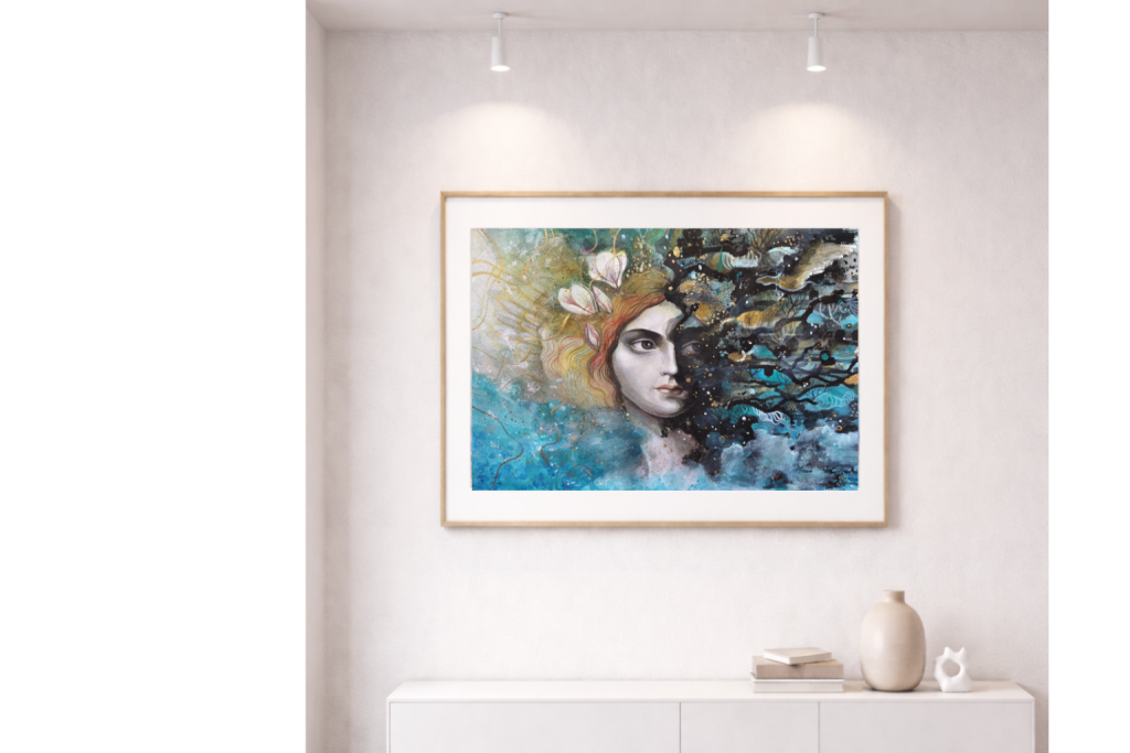 Framed mockup of What was and what comes by Bella Antonova on a neutral wall