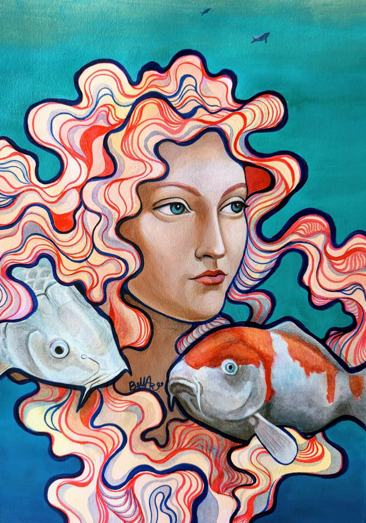 Where she moves without weight, mixed media artwork on paper by Bella Antonova