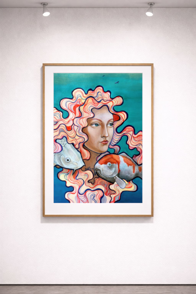 Framed mockup of Where she moves without weight by Bella Antonova on a neutral wall